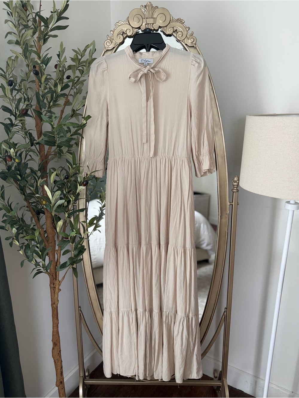 Neutral Tie-Neck Tiered Maxi Dress - Women